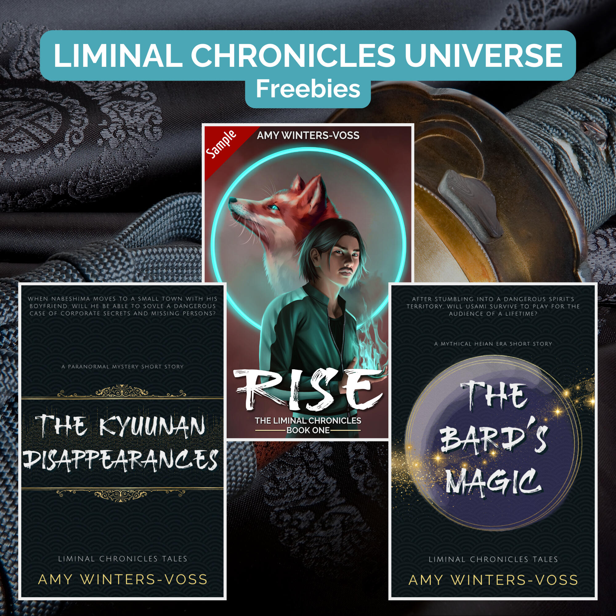 3 book covers with a background of silk and katana. Text: Liminal Chronicles Universe Freebies